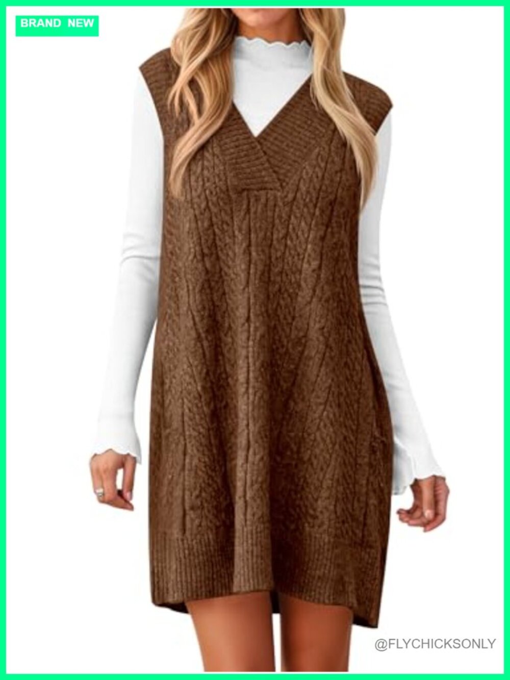 Oversized Sleeveless Cable Knit Sweater Vest Dress with Pockets
